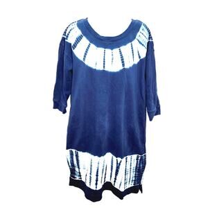 Women's M Petite Organic Cotton Indigo Tie Dye Dress Blue Boho 3/4 Sleeve